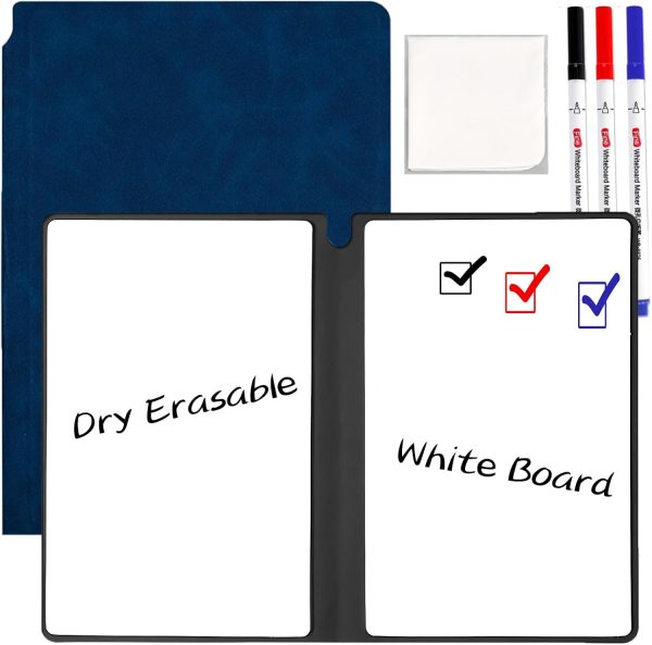 Whiteboard Notebook Reusable Dry Erase Whiteboard with Pen and Wiping Cloth A5 Portable Dry Erase Pad with PU Cover White Board for Notes Lists Memo Message Presentation(Dark Blue)
