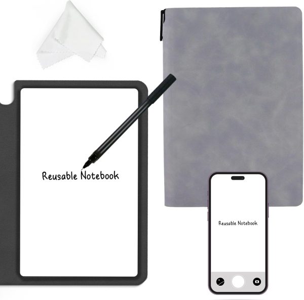 Reusable Whiteboard Notebook, A5 Erasable Smart Notebook, Portable Sketchbook with Wipe Cloth and Writing Pen for Students Kids Teacher