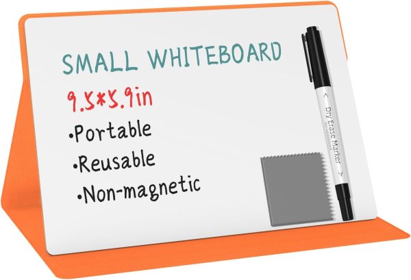 Portable Small White Board,Reusable Dry Erase Board with Stand,Desktop Whiteboard for Office Meeting Bussiness Home 9" x 6" with Marker, Wipe Cloth (Orange)