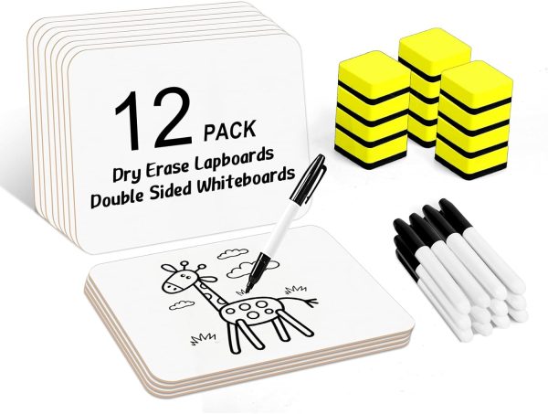 Dry Erase Lapboards,  12 Pack Double Sided Dry Erase Lap Boards 9 x 12.5 Inch, 12 Markers, 12 Erasers, Small Dry Erase Boards for Classroom Supplies
