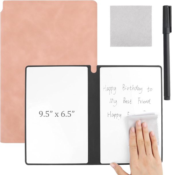 Reusable A5 Dry Erase Notebook Include a Wipeable Pen and Rag,9.4x6.5 Inch Erasable Notebook Whiteboard Notebook,Wipeable Notebook PU Hardcover for Office and Taking Notes(Pink)