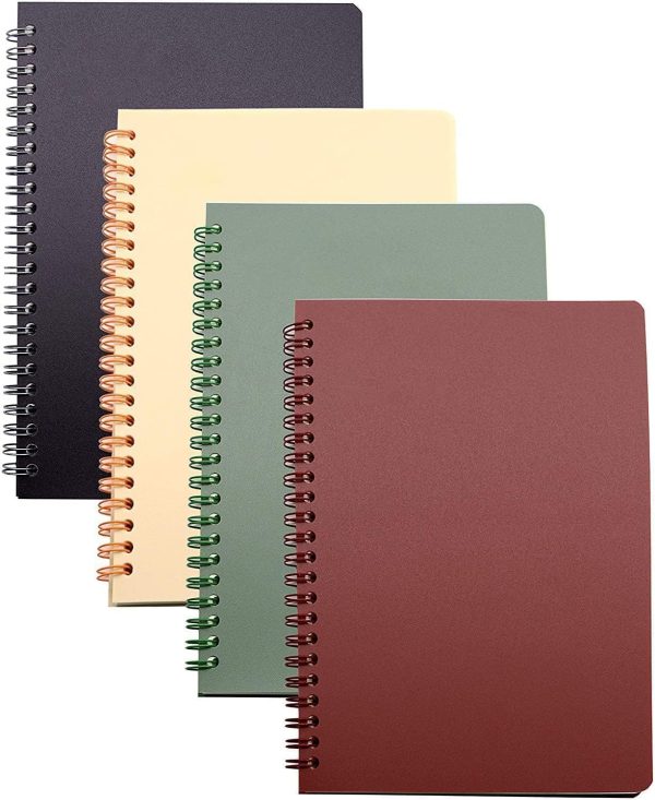 Spiral Notebook, 4 Pcs 8.3 Inch x 5.9 Inch A5 Thick Plastic Hardcover 8mm Ruled 4 Color 80 Sheets -160 Pages Journals for Study and Notes (style 10-Wine Red,Brown,Green,ivory, A5)