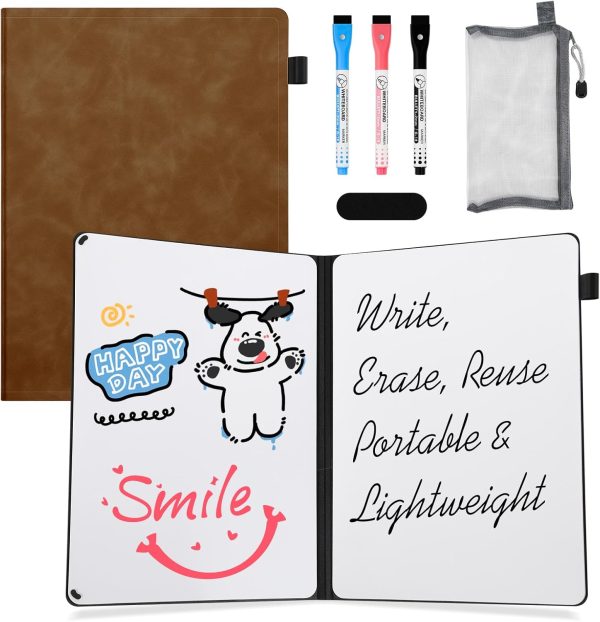 Small White Board Dry Erase, Double Sided Folding Whiteboards with 3 Pens, Mini Portable Dry Erase Board Skin-Friendly Material for Study, Meeting, Doodling, Planning, Brown