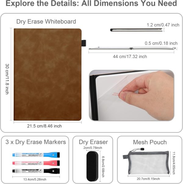Small White Board Dry Erase, Double Sided Folding Whiteboards with 3 Pens, Mini Portable Dry Erase Board Skin-Friendly Material for Study, Meeting, Doodling, Planning, Brown - Image 2