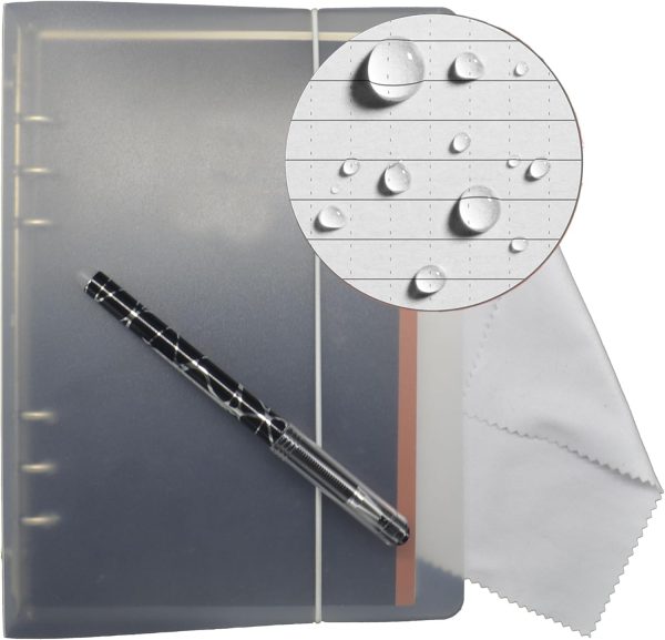 PP Paper Waterproof A5 Notebook, PVC shell Durable Notebook 52 sheets 104 pages, Reusable Stone Paper Notebook with pen/towel/bag / 5.8”x8.3” Weather proof Note Pads (A5, transparent)