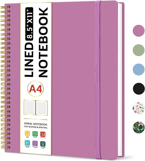 Spiral Lined Notebook, 8.5"x11" Notebooks for Work, Large A4 Journal for Women & Men, College Ruled Journaling Notebook for Writing, Plastic Cover Spiral Journal, Purple