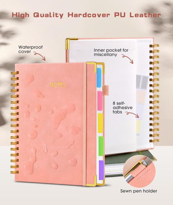 Hardcover Spiral Notebook Journal with Removable Dividers Tabs, 300 Pages Leather 5 Subject Notebook College Ruled, 8"x10" Large B5 Notebooks for Work School Note taking, Lined Journal for Women, Pink - Image 2