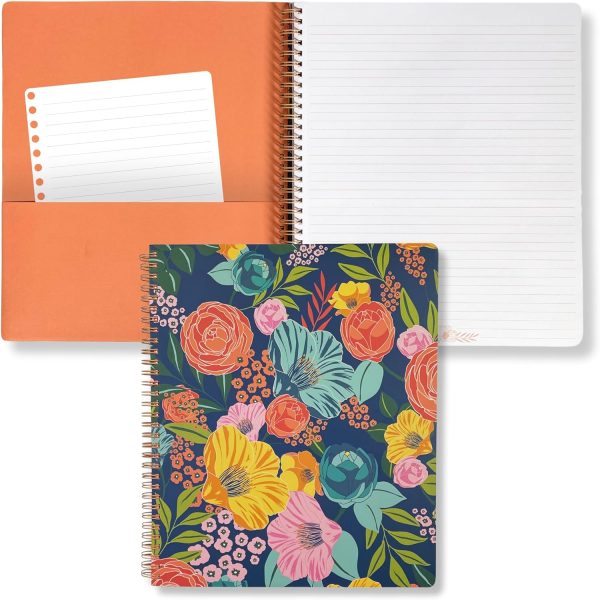Cute Large Spiral Notebook College Ruled, 11" x 9.5" with Durable Hardcover and 160 Lined Pages, Garden Blooms (Navy)